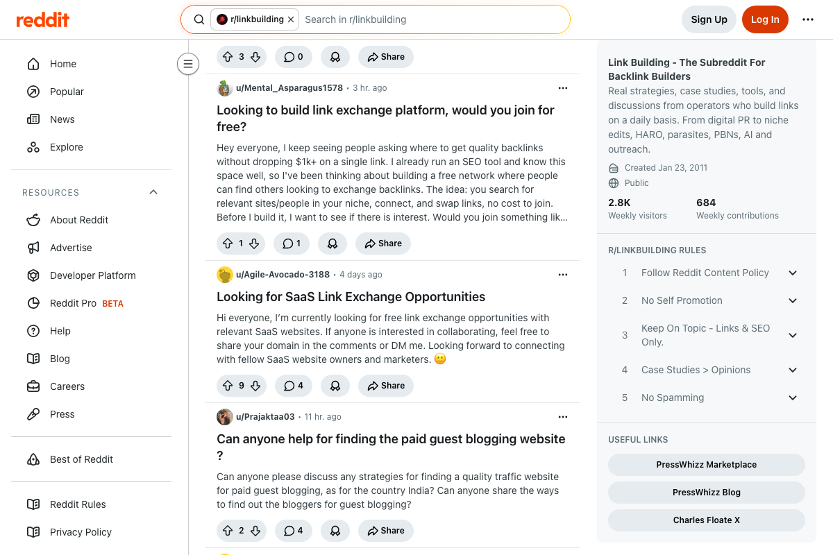 r/linkbuilding posts confirming link exchanges and guest blogging are active practitioner tactics, with niche-based examples (crypto, SaaS) mirroring the adjacent-niche and agency swap logic in Methods 1 and 6