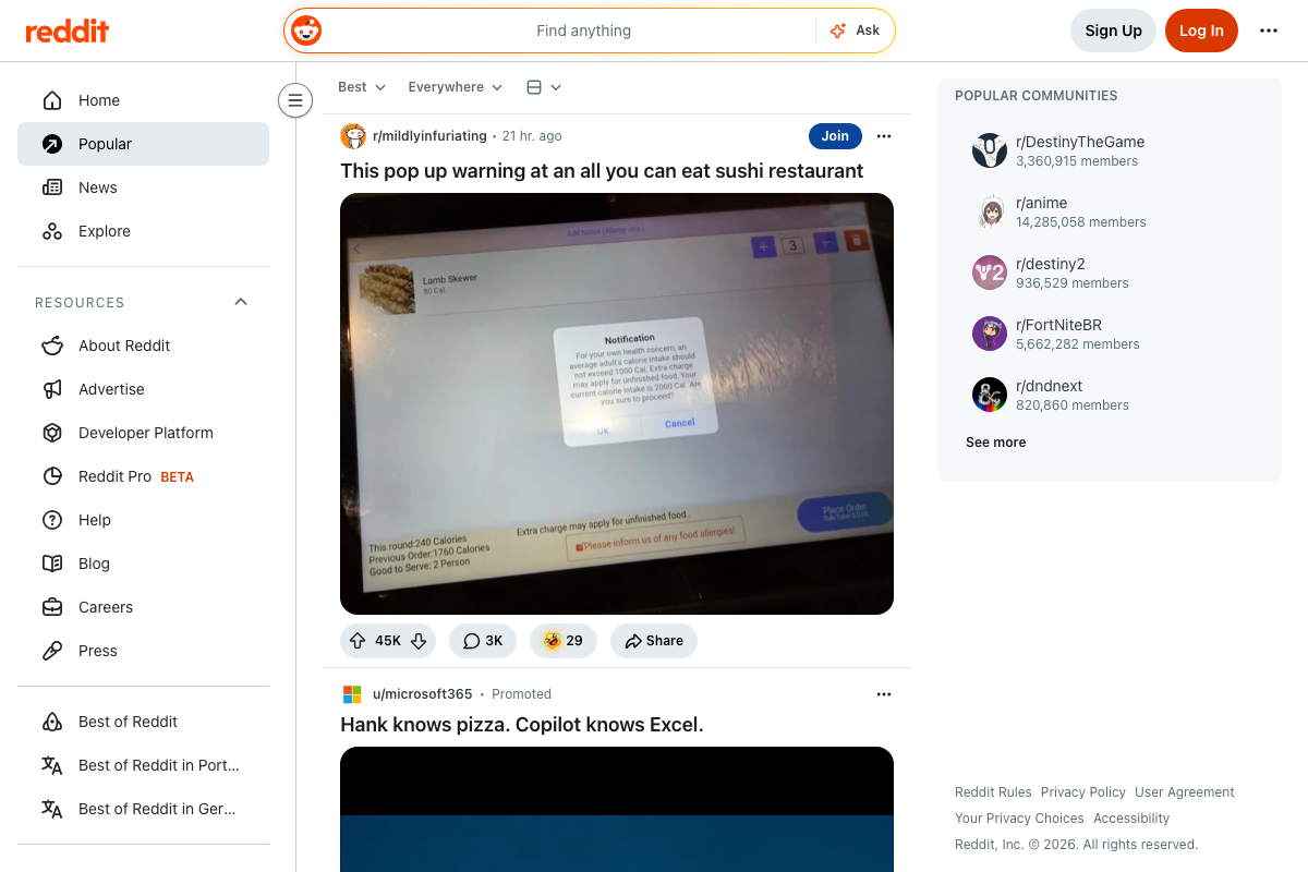reddit.com homepage — official API docs at reddit.com/dev/api were not captured; Surf Agent approach cannot be compared against the official API alternative