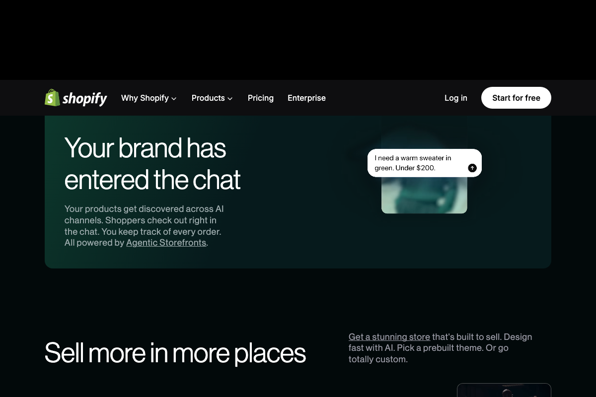 Shopify homepage 'Your brand has entered the chat' section featuring Agentic Storefronts — an AI commerce channel not addressed in the tutorial's conversion tracking guidance.