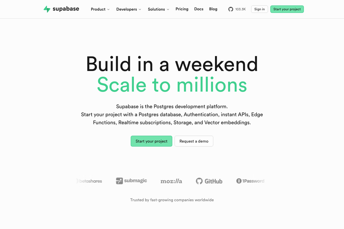 Supabase homepage confirming Postgres platform with native Vector embeddings, built-in Auth, RLS, and Edge Functions