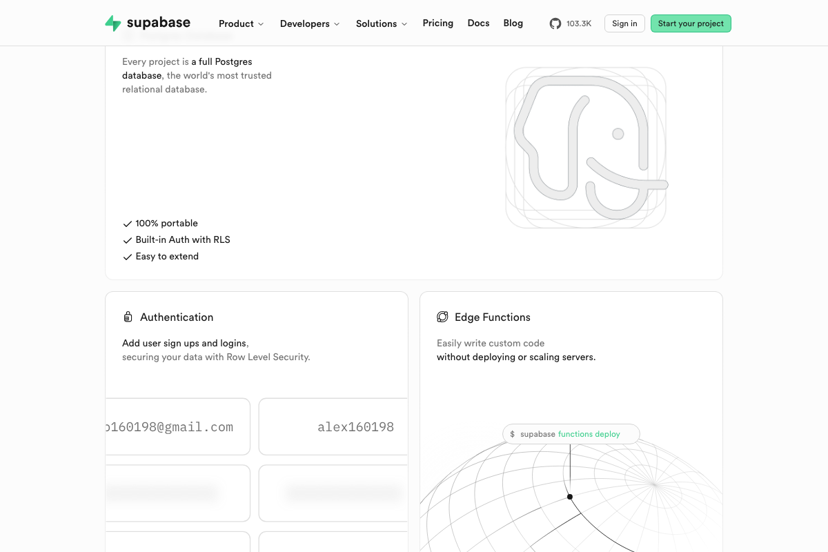 Supabase feature section showing 'Built-in Auth with RLS' as a native, integrated capability of every project