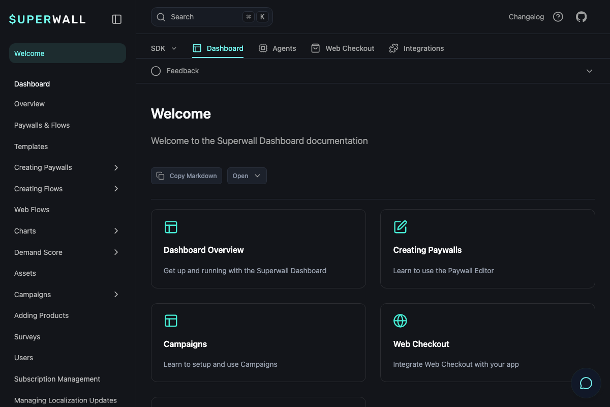 Superwall documentation welcome page showing the full Dashboard feature set: Paywalls, Campaigns, Demand Score, Surveys, Web Checkout, and an Agents tab