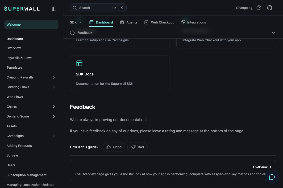Superwall SDK Docs entry point and the Overview analytics dashboard description