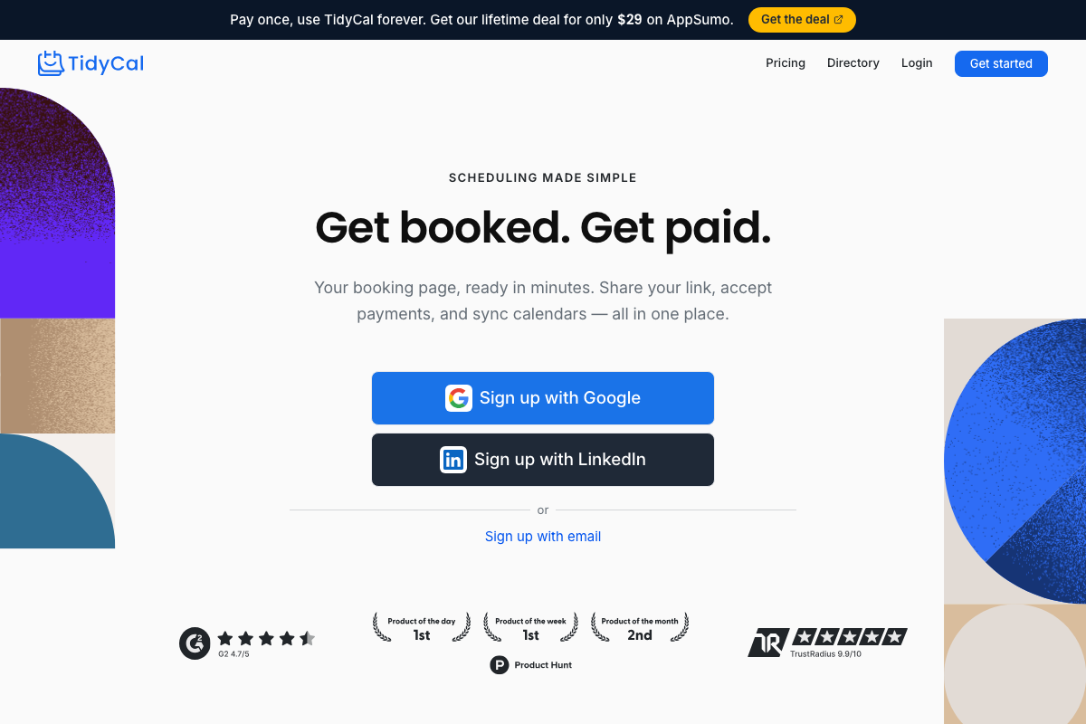 TidyCal homepage confirming the one-time lifetime deal at $29 on AppSumo and Google/LinkedIn sign-up options.