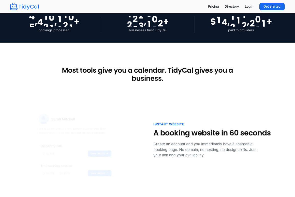 TidyCal marketing page confirming the booking page feature and multi-booking-type support.