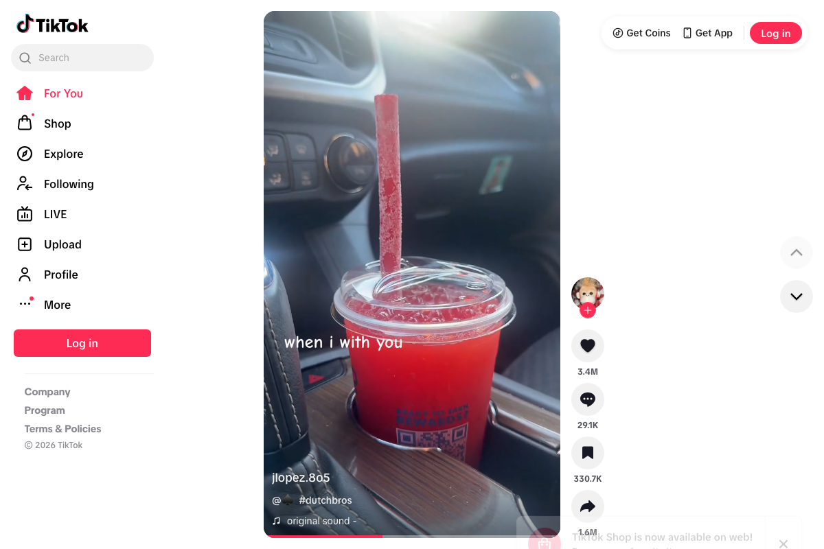 TikTok web interface showing the TikTok Shop notification overlay — native commerce now available on web