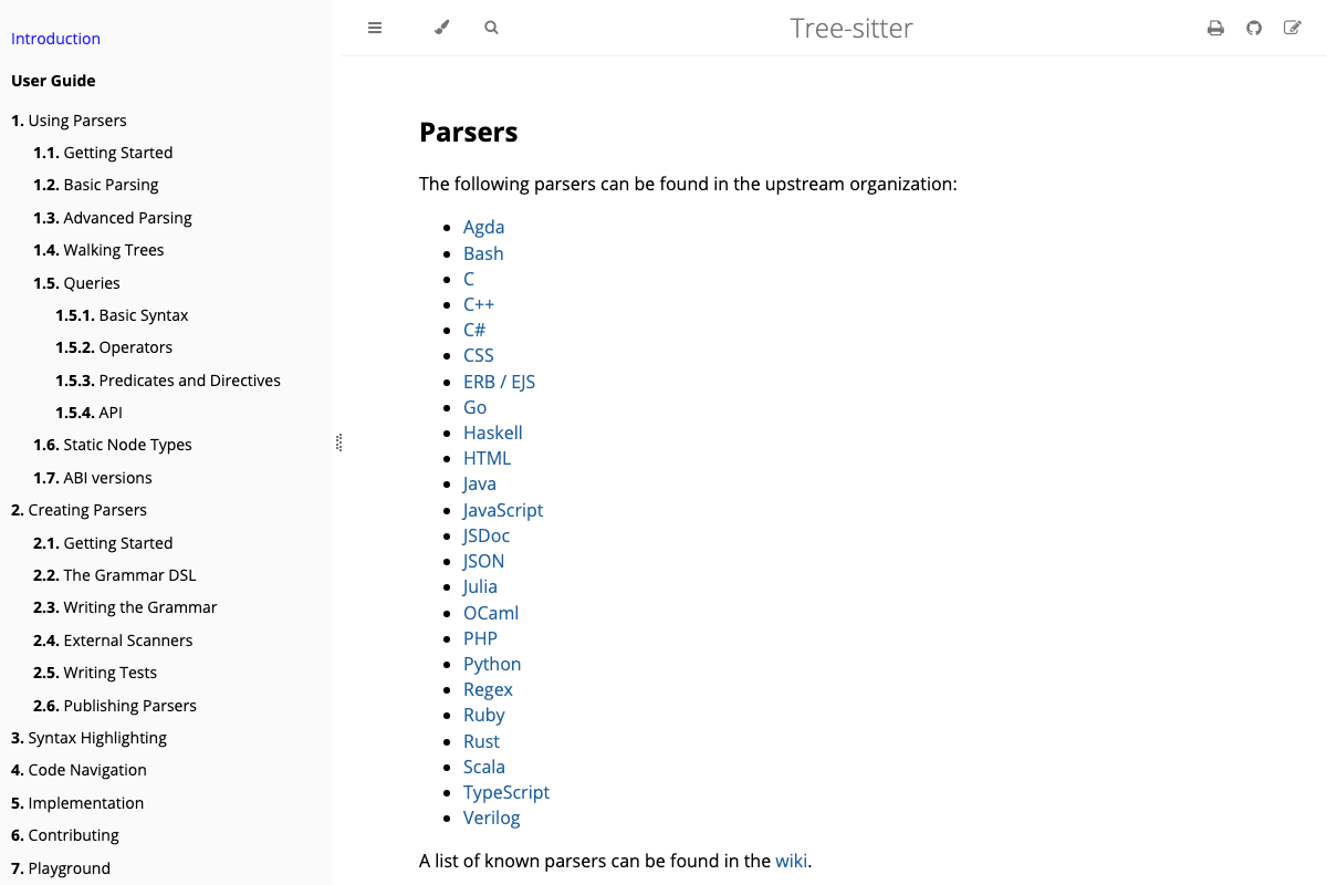 Tree-sitter upstream parser list covering 24 languages including Python, TypeScript, Rust, and Go — the practical language ceiling for any Tree-sitter-based tool