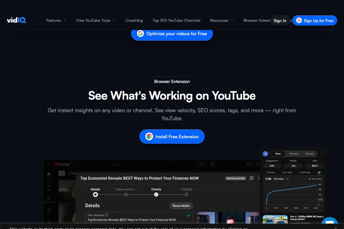 vidIQ browser extension marketing page (vidiq.com) — extension works on