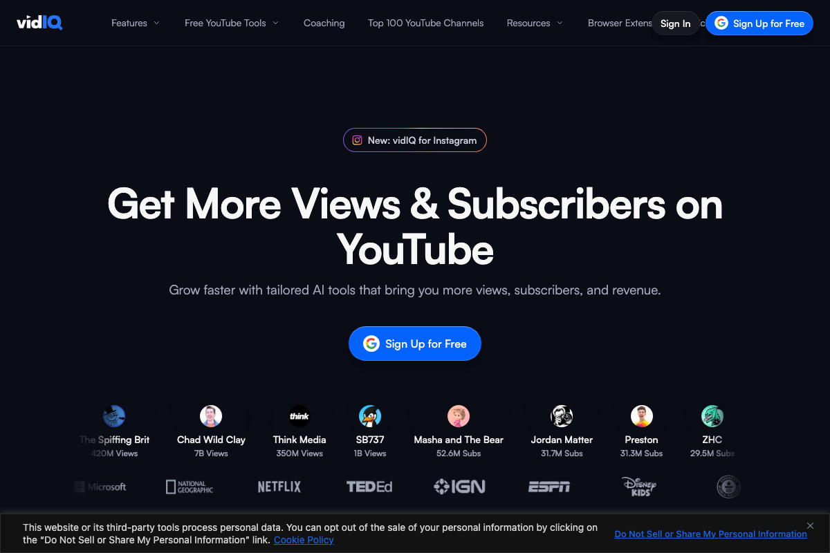 vidIQ homepage (vidiq.com) as captured; the /youtube-channel-audit tool page is a confirmed product URL but its specific interface is not shown in this image.