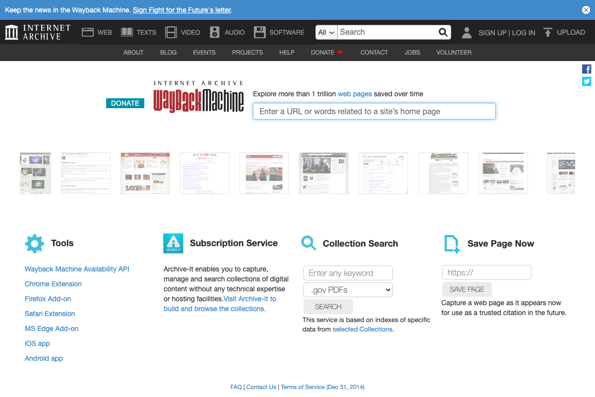 Wayback Machine homepage confirming URL retrieval interface and 1-trillion-page archive