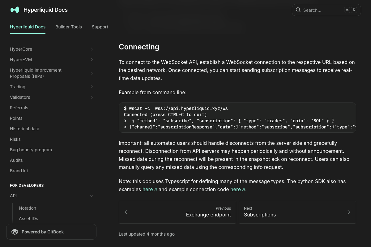 Hyperliquid WebSocket docs — Connecting section showing disconnect/reconnect requirement and TypeScript/Python SDK availability