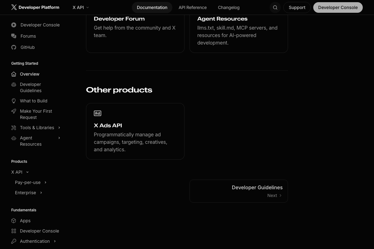 X Developer Platform Agent Resources — llms.txt, skill.md, and MCP servers for AI-powered development confirmed in official docs