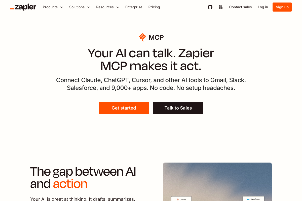 Zapier MCP landing page confirming Claude, ChatGPT, Cursor, and other AI tools are supported clients with access to 9,000+ apps