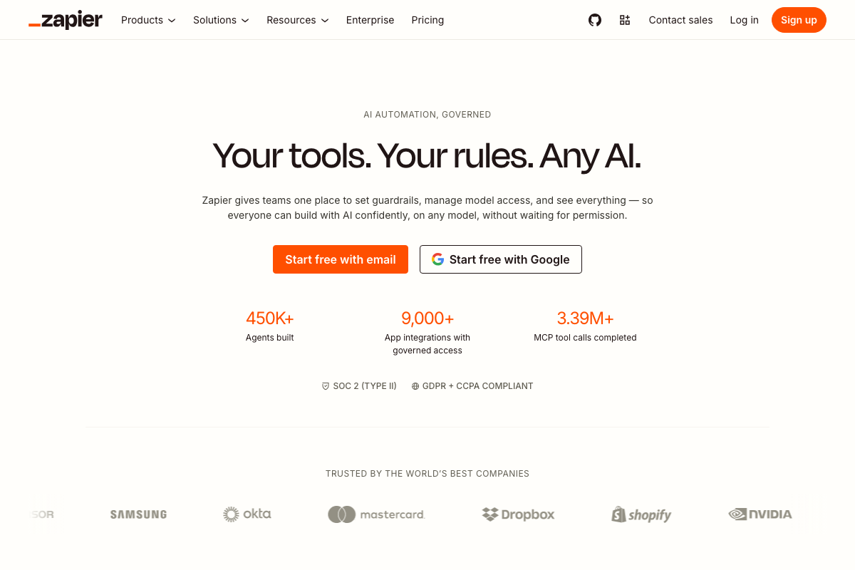 Zapier homepage captured instead of the TidyCal-specific integrations page — TidyCal triggers and actions unconfirmed.
