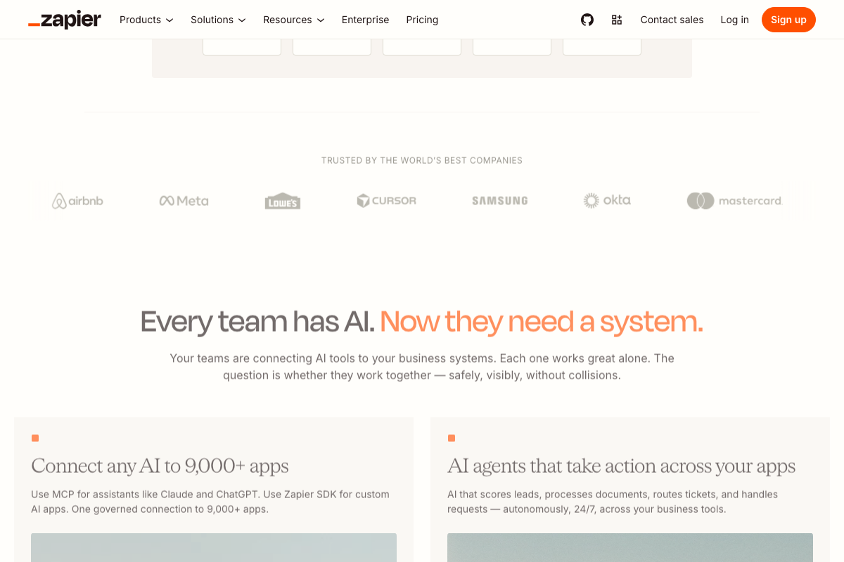Zapier — 'Use MCP for assistants like Claude and ChatGPT. One governed connection to 9,000+ apps.'