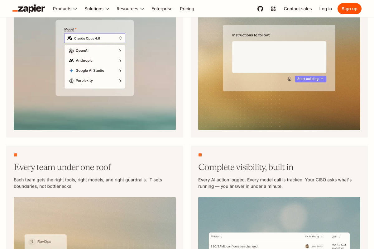 Zapier model selector showing Claude Opus 4.6 (Anthropic) alongside OpenAI, Google AI Studio, and Perplexity